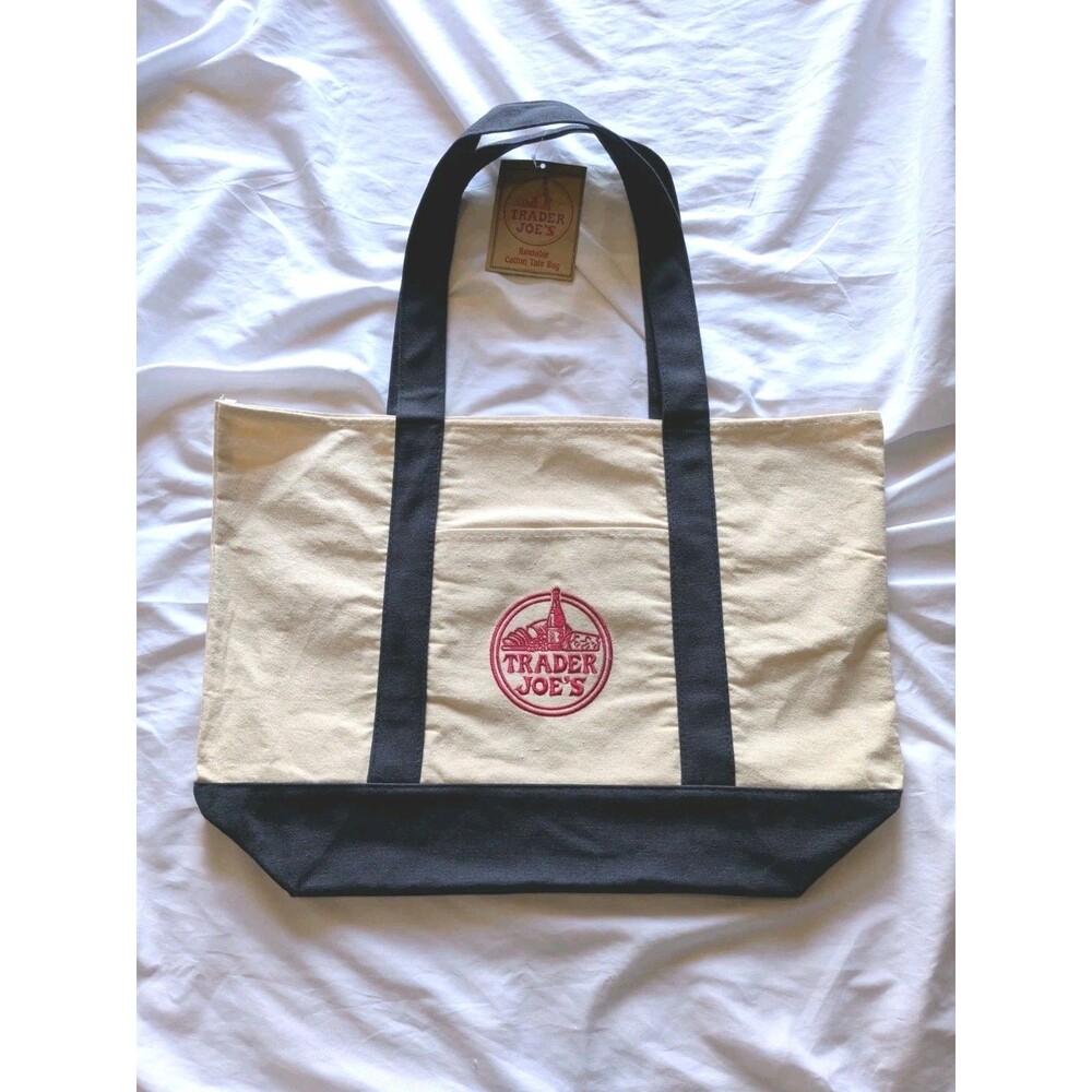 Trader Joe's Large Canvas Tote Bag Blue and White Reusable NWT Embroidered